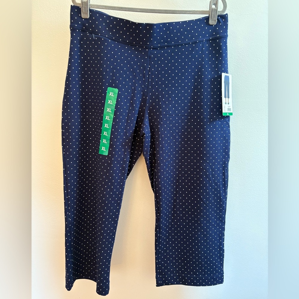 Lands’ End Navy Blue Polka Dot Shore Stretch Knit Capri Pant XL